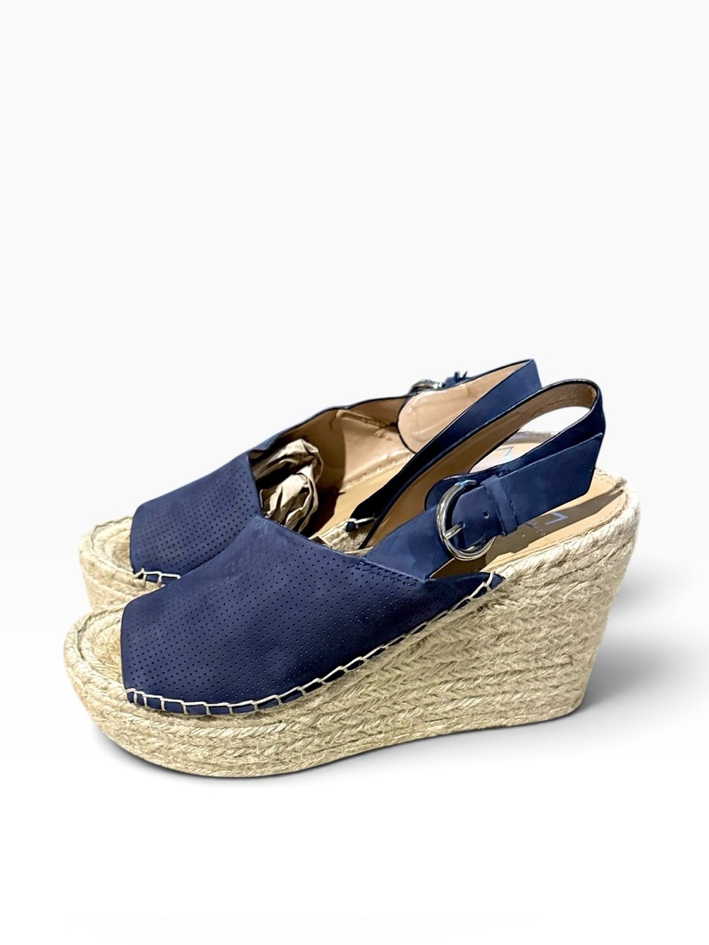 Marc Fisher Andela Dark Blue Nubuck Suede Espadrille Wedge Sandals